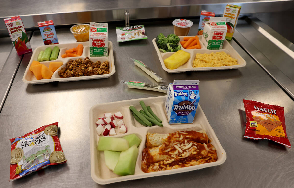 Clark County School District student lunches containing new items are shown during a news media ...