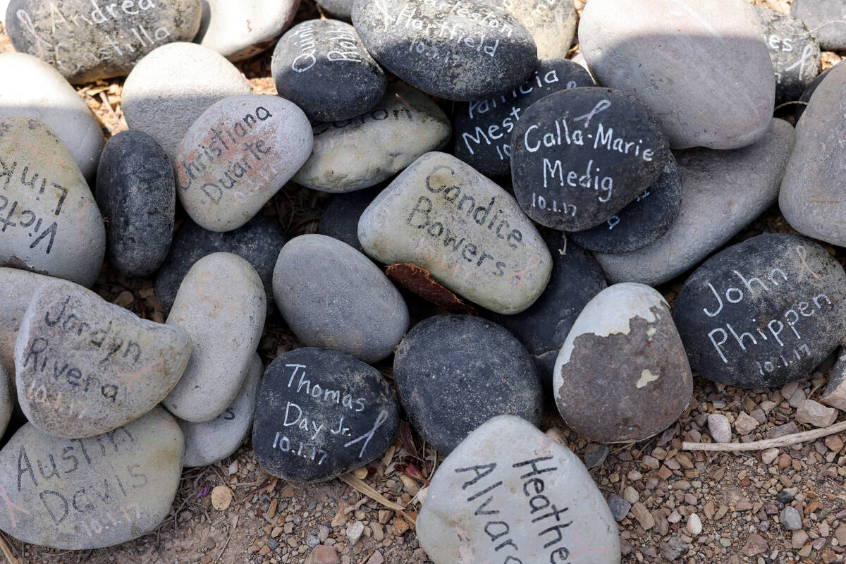 Rocks with names of victims are seen at the Route 91 Harvest festival shooting memorial site at ...