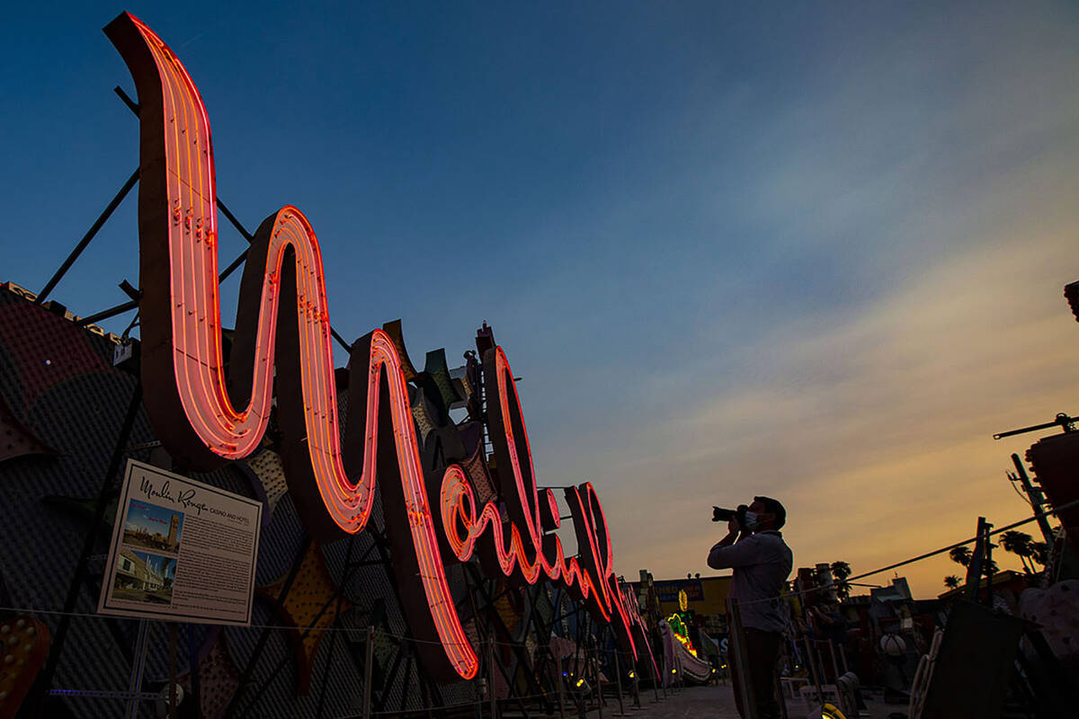 The Moulin Rouge sign is seen reilluminated at the Neon Museum in Las Vegas on Sept. 16, 2020. ...