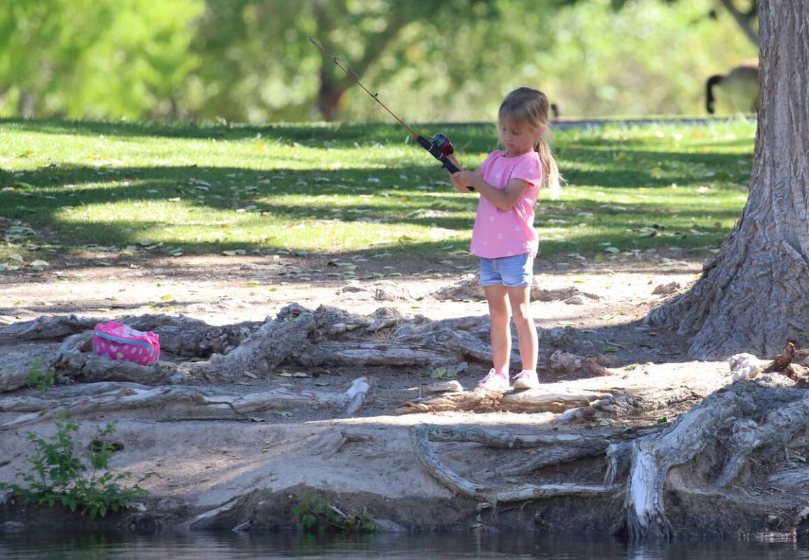 Quinn Willman, 3, fishes at Floyd Lamb Park Tuesday, April 28, 2020, in Las Vegas. (Bizuayehu T ...