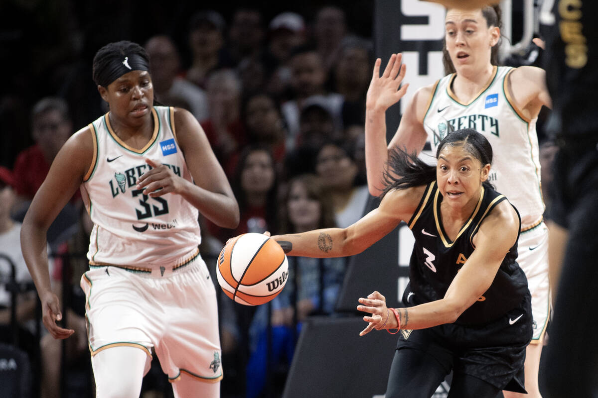 Las Vegas Aces forward Candace Parker (3) dribbles up the court after stealing possession from ...