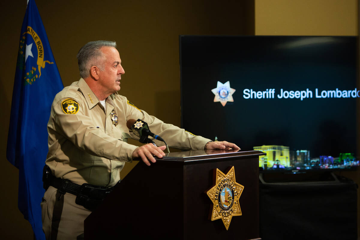 Sheriff Joe Lombardo discusses the arrests of legal observers during a protest on the Strip in ...