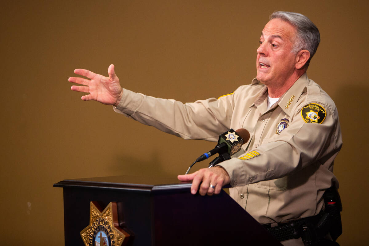 Sheriff Joe Lombardo answers questions from the press on police tactics during a protest on the ...