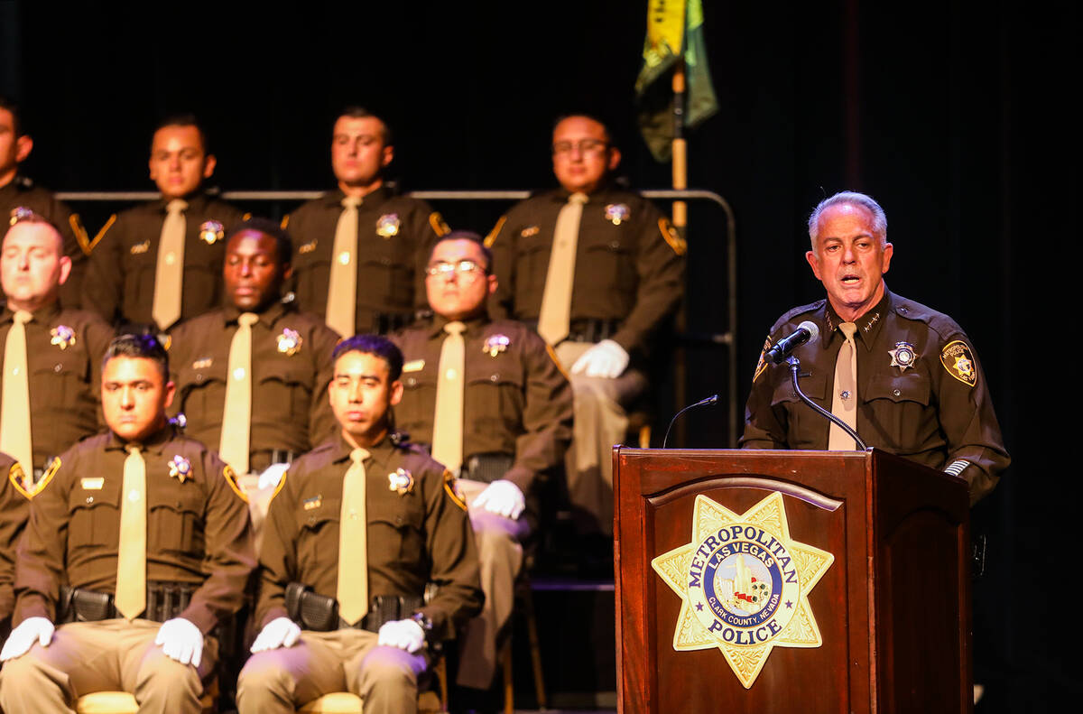 Sheriff Joe Lombardo addresses the crowd at the graduation ceremony for new police officers for ...