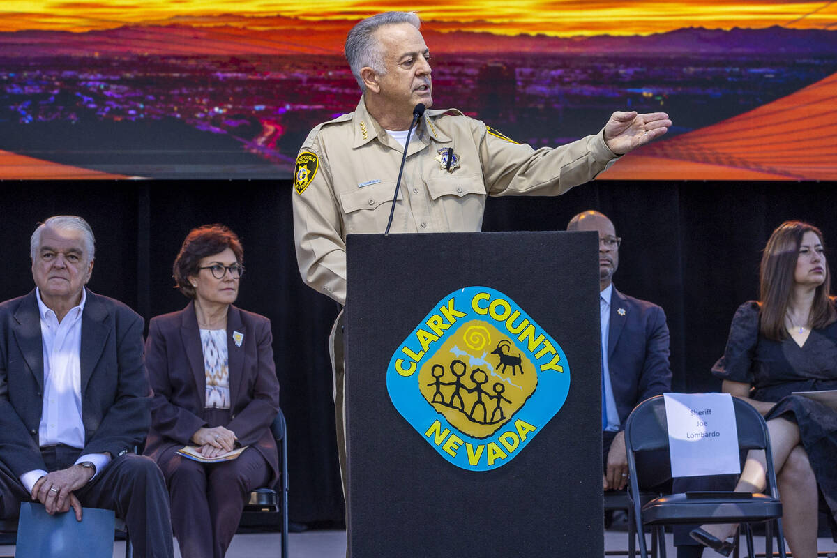 Sheriff Joe Lombardo welcomes all, with dignitaries behind him, on Oct. 1, 2022, during the Sun ...