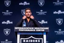 Jimmy Garoppolo considers a response during a press conference at the Raiders Headquarters and ...