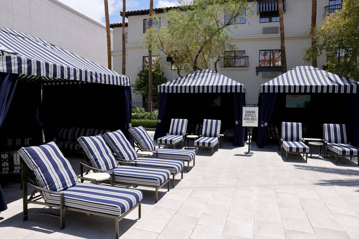 Cabanas at the newly renovated pool are seen at the Tuscany in Las Vegas Tuesday, July 25, 2023 ...