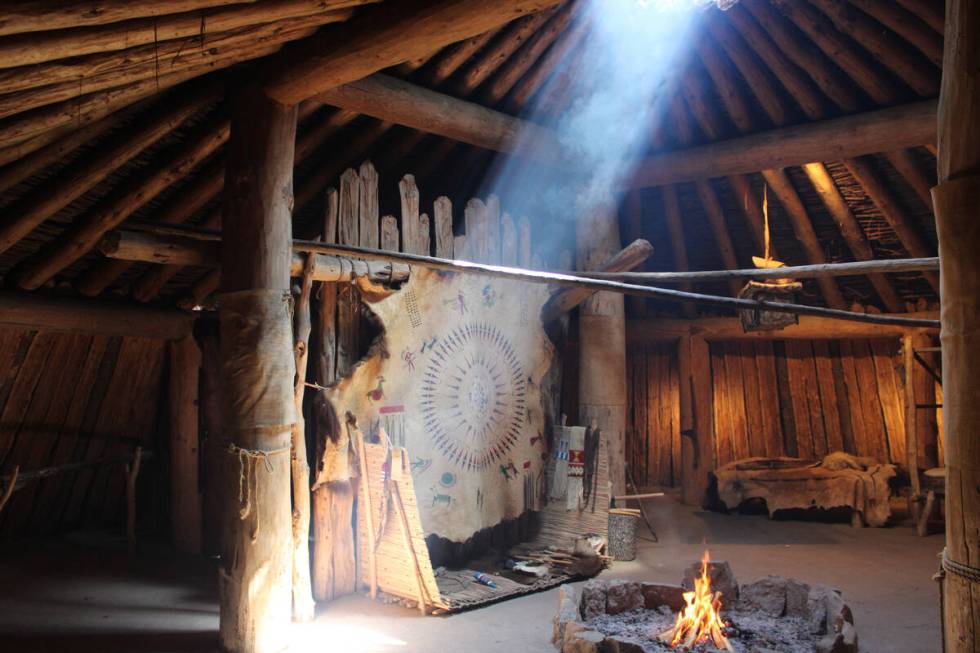 The interior view of an earth lodge, the traditional dwelling of the Mandan, Hidatsa and Arikar ...