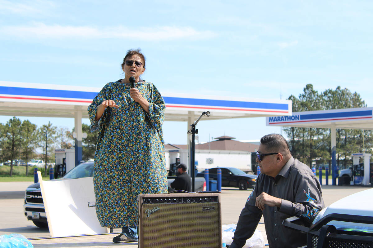 Katherine Young Bear speaks at a protest against MHA Nation tribal leadership in New Town, Nort ...