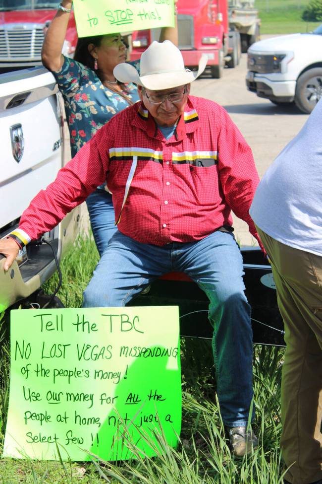 A man from Mandaree, North Dakota, listens to protesters speak at a protest against MHA Nation ...