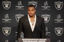 Las Vegas Raiders NFL draft pick defensive end Tyree Wilson speaks at his introductory news con ...