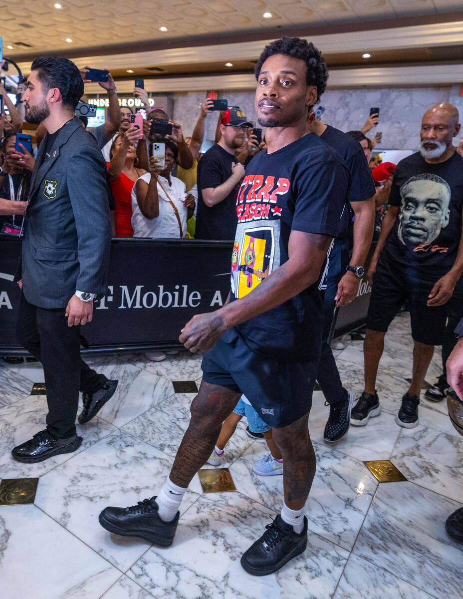 Welterweight boxer Errol Spence Jr., looks to fans during grand arrivals inside the MGM Grand o ...