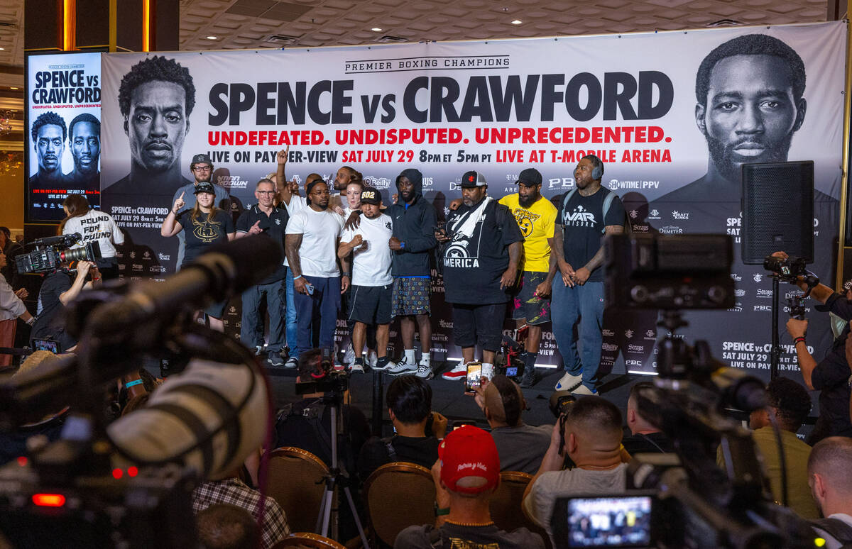 Welterweight boxer Terence Crawford is joined by his team during grand arrivals inside the MGM ...