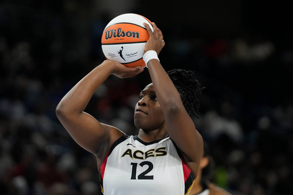 Las Vegas Aces guard Chelsea Gray takes a free throw during the second half of a WNBA basketbal ...