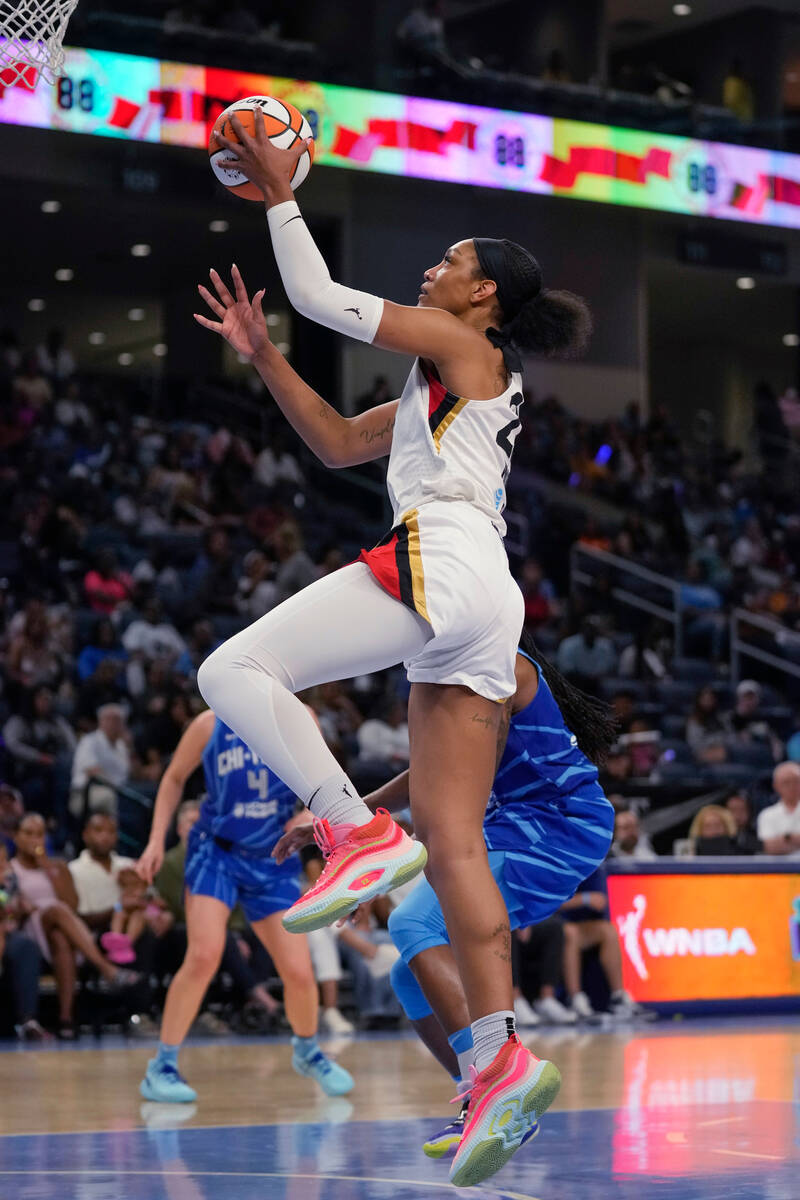Las Vegas Aces forward A'ja Wilson goes up for a layup during the second half of the team's WNB ...