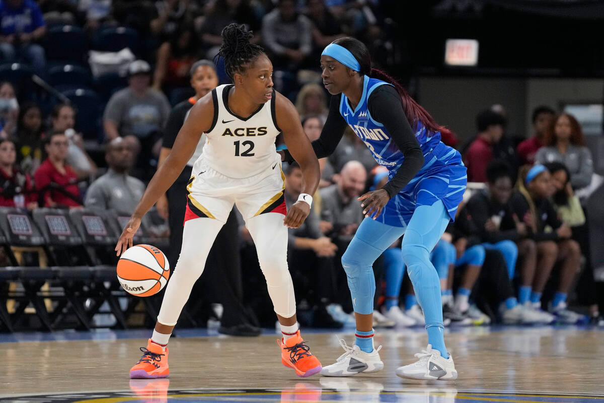 Chicago Sky guard Kahleah Copper, right, guards Las Vegas Aces guard Chelsea Gray during the fi ...