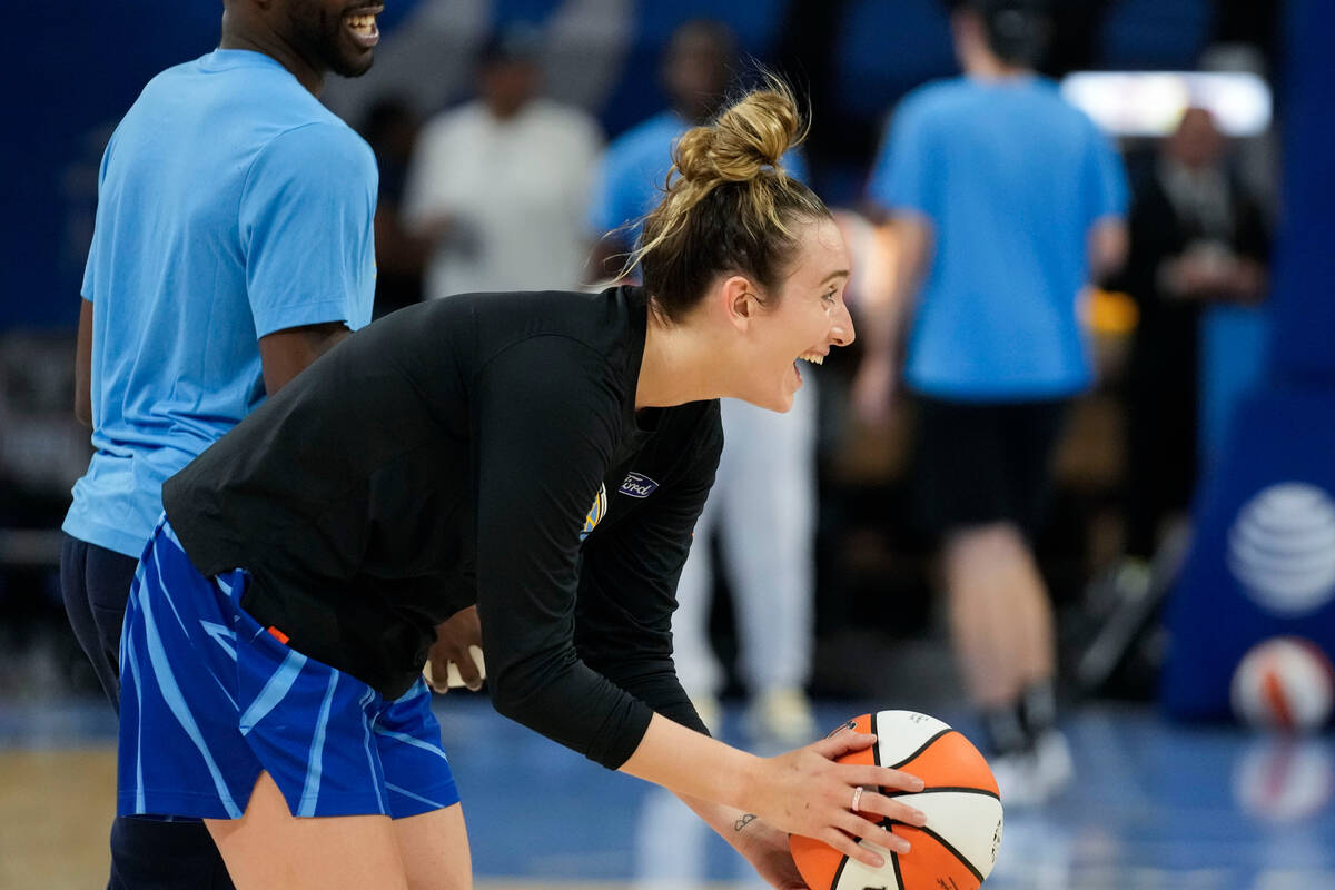 Chicago Sky guard Marina Mabrey warms up for the team's WNBA basketball game against the Las Ve ...