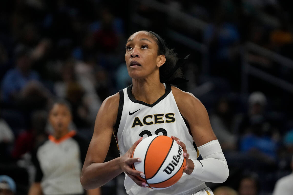 Las Vegas Aces forward A'ja Wilson looks to the basket during the second half of the team's WNB ...