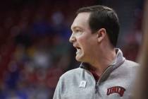 UNLV head coach Kevin Kruger shows to his team during the second half of a basketball game agai ...