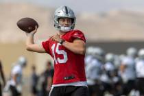 Raiders quarterback Chase Garbers (15) prepares to throw during practice at the Intermountain H ...