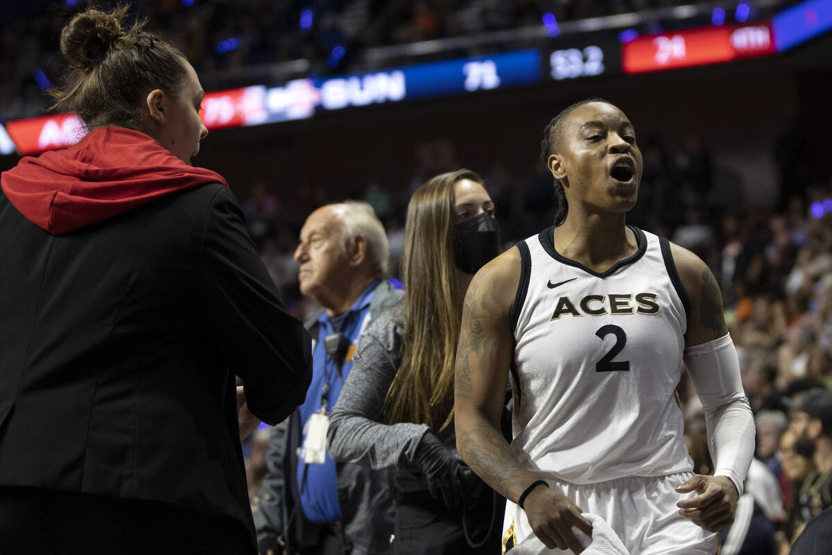 Las Vegas Aces guard Riquna Williams (2) celebrates after scoring in the second half in Game 4 ...