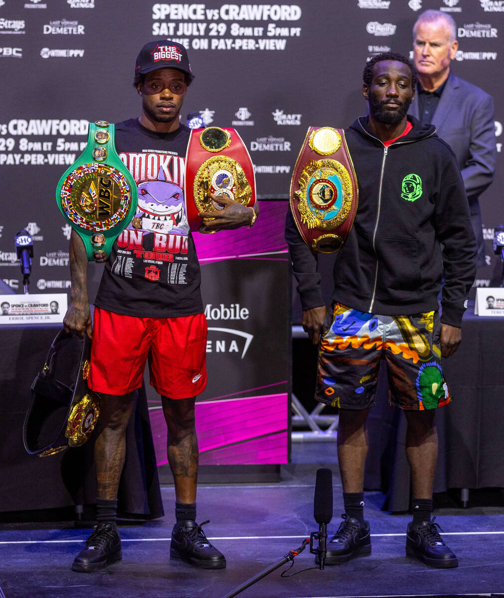 Boxers Errol Spence Jr. and Terence Crawford come together with belts following their final pre ...