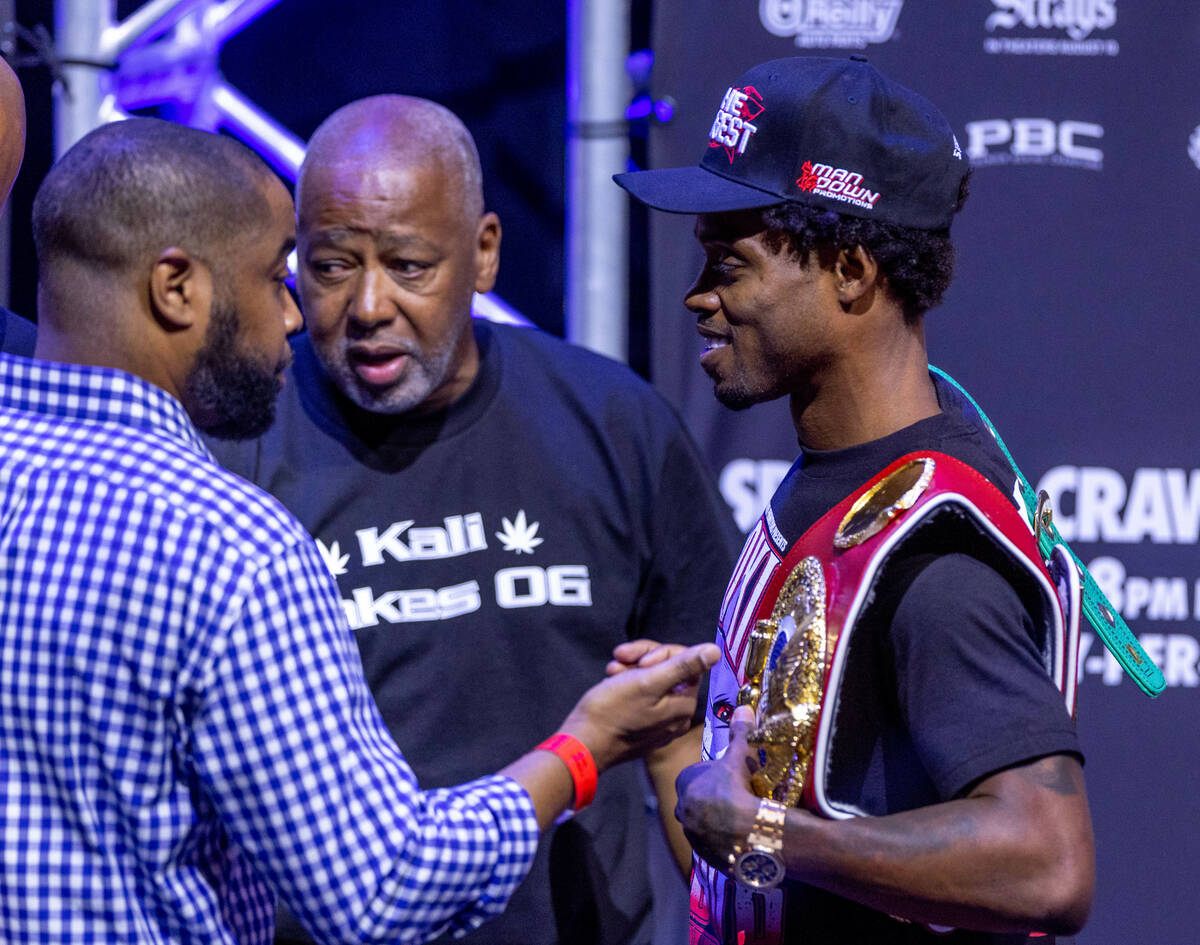 Boxer Errol Spence Jr. talks after the final press conference with Terence Crawford ahead of th ...