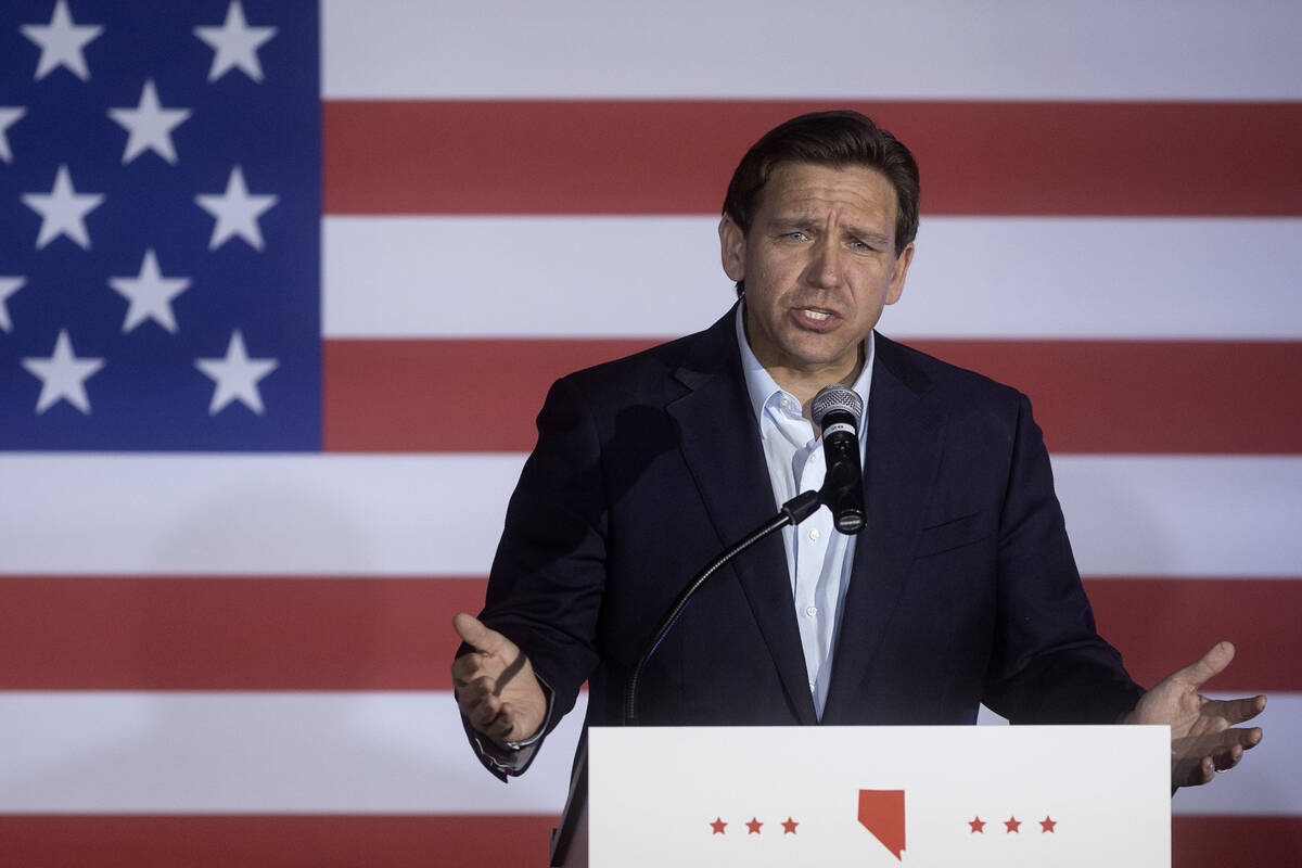 Florida Gov. Ron DeSantis speaks during an event on his book tour at Stoney’s Rockin’ Count ...