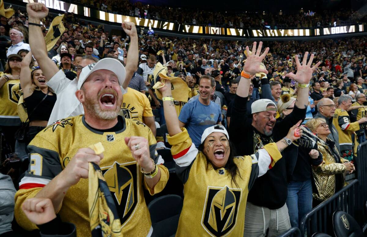 Golden Knights fans celebrate after Mark Stone scored a goal in Game 5 of the Stanley Cup Final ...