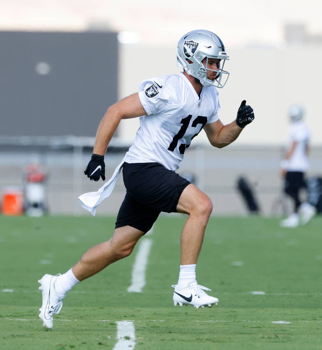 Raiders wide receiver Hunter Renfrow (13) runs a route during training camp at the Intermountai ...