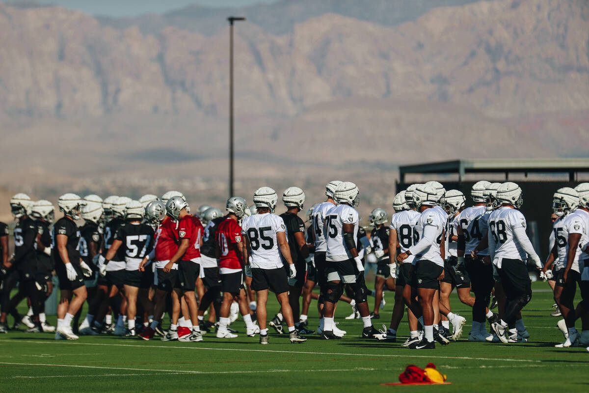 Raiders players participate in training camp at the Intermountain Health Performance Center on ...