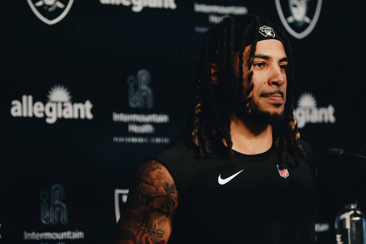 Raiders safety Trevon Moehrig-Woodard speaks to the media during training camp at the Intermoun ...