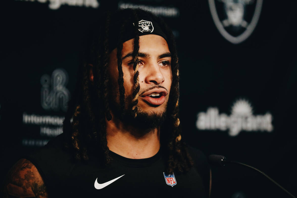 Raiders safety Trevon Moehrig-Woodard speaks to the media during training camp at the Intermoun ...