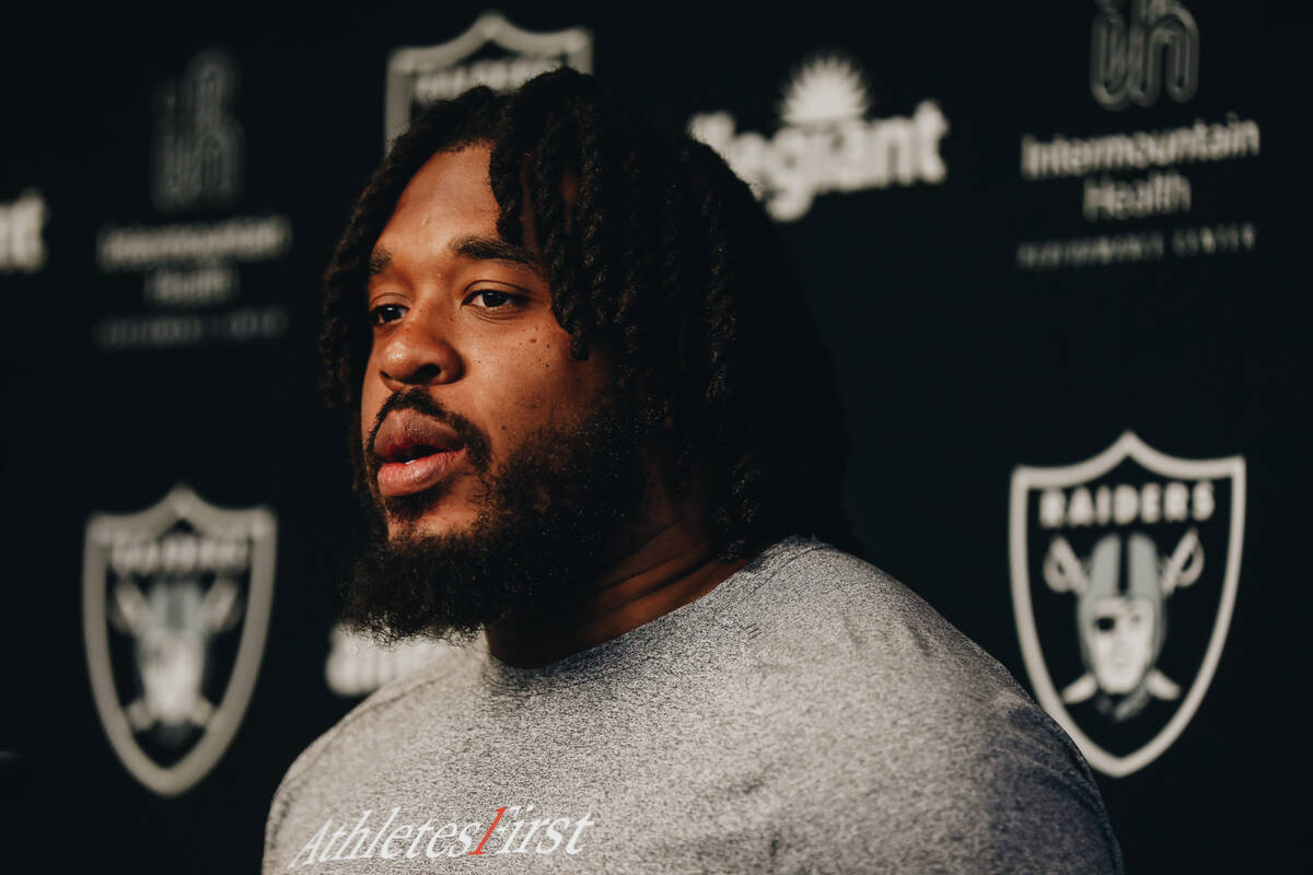 Raiders offensive guard Dylan Parham speaks to the media during training camp at the Intermount ...