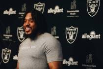 Raiders offensive guard Dylan Parham speaks to the media during training camp at the Intermount ...