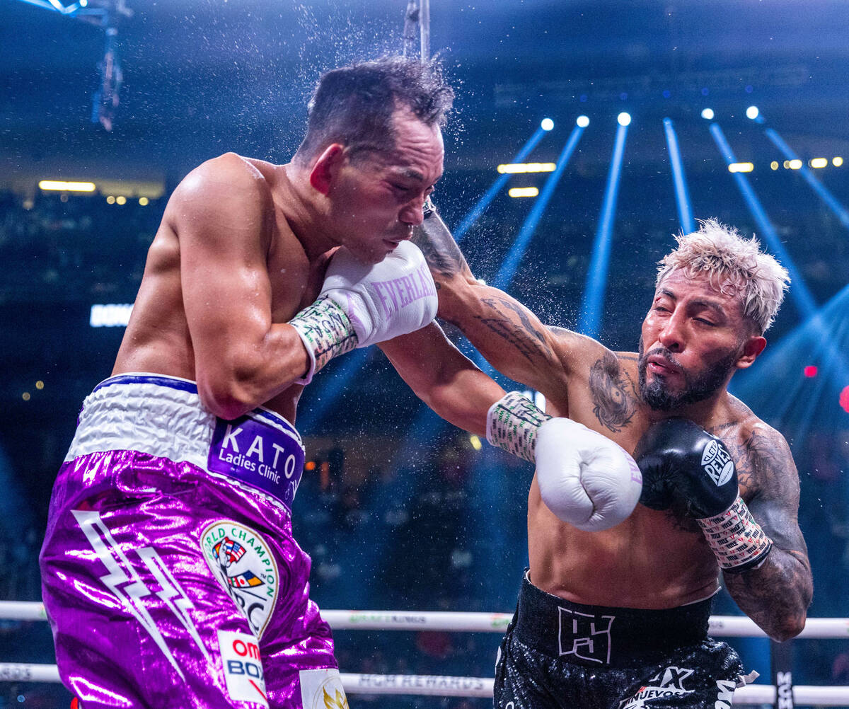 Nonito Donaire takes a punch to the head by Alexandro Santiago in round 7 during a WBC world ba ...