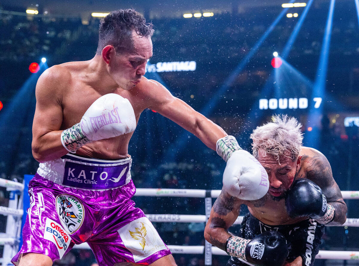 Nonito Donaire connects with a punch to the chin of Alexandro Santiago in round 7 during a WBC ...