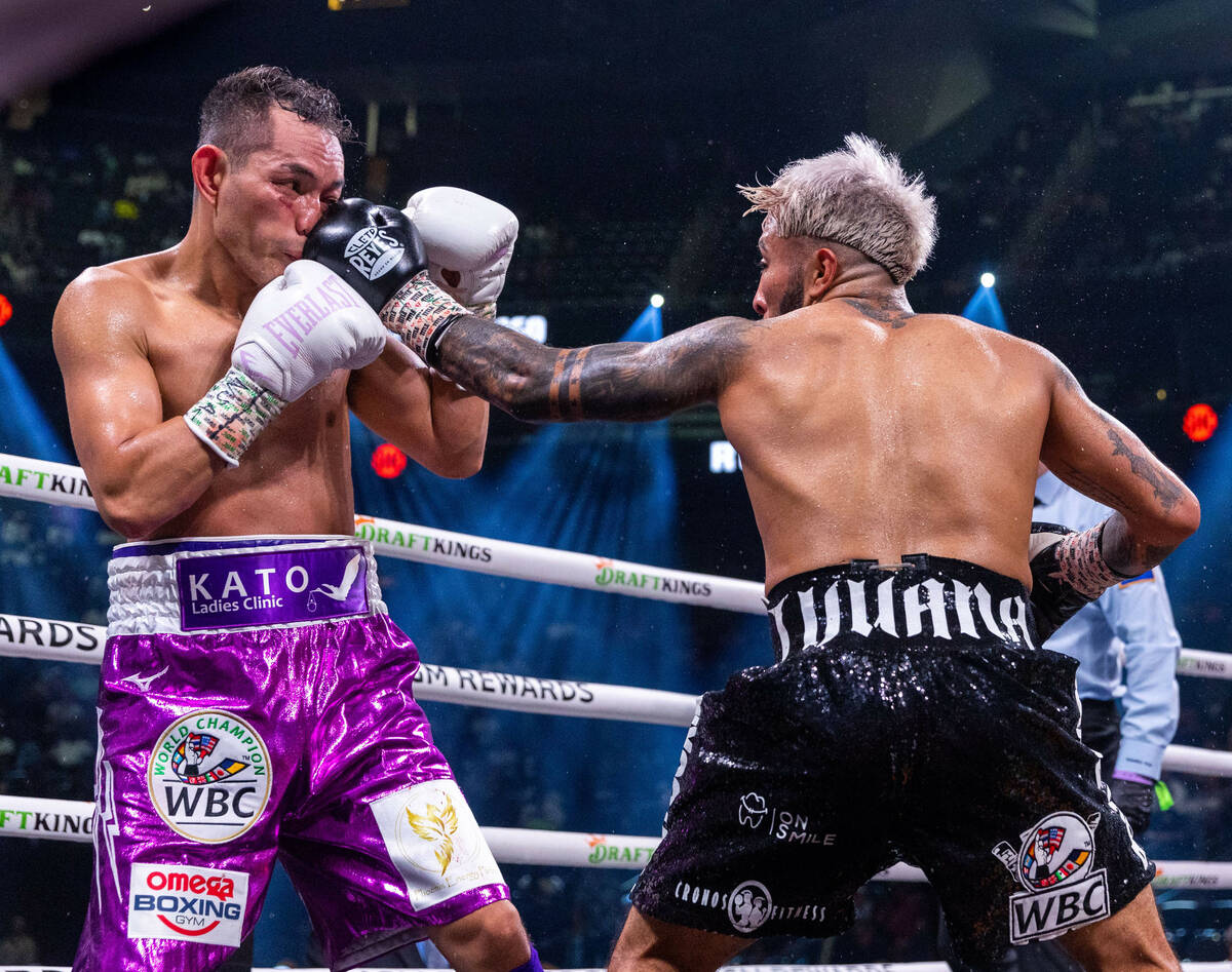 Nonito Donaire takes a punch to the face by Alexandro Santiago in round 5 during a WBC world ba ...