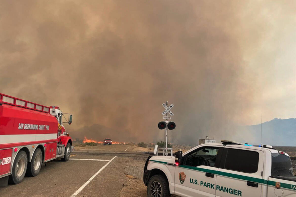 Fire activity picks up Sunday, July 30, 2023, in the York Fire. (Mojave National Preserve via F ...