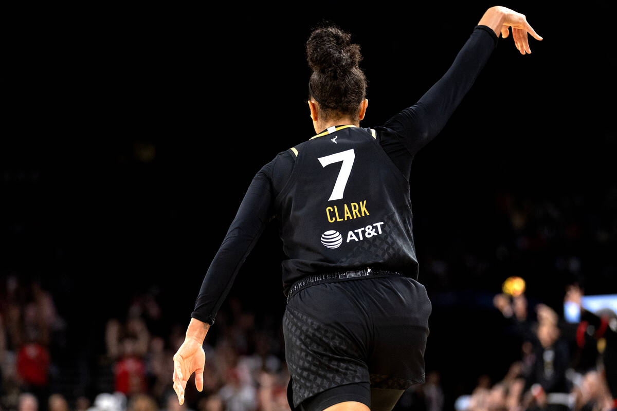 Las Vegas Aces forward Alysha Clark (7) celebrates after scoring a three-pointer during the sec ...