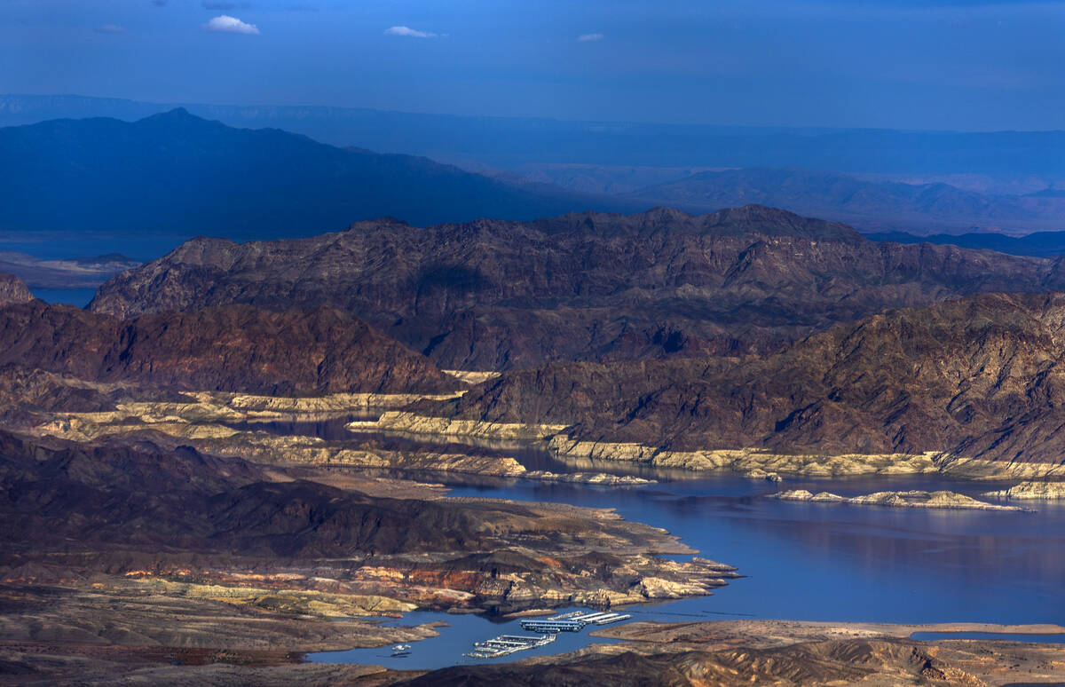 Land is exposed about Callville Bay and the narrows where once was water along the Lake Mead sh ...