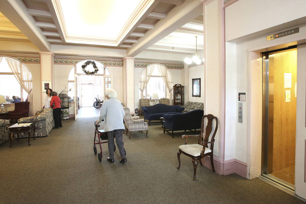 Bret Harte Retirement Inn residents make their way down to the dining room for lunch on May 6, ...