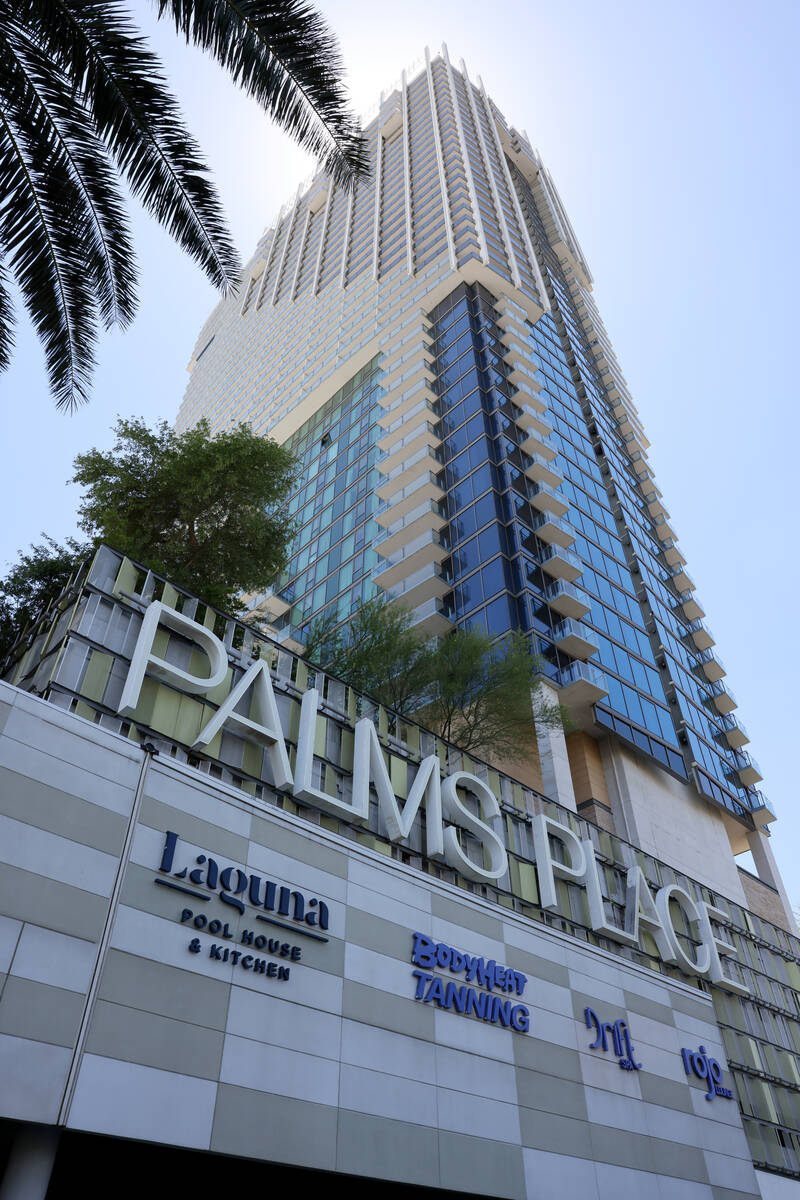 Palms Place tower, home to Laguna Pool House & Kitchen, is shown in Las Vegas Friday, July ...