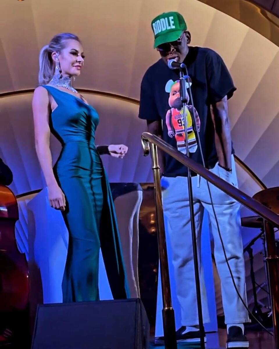 Delilah at Wynn Las Vegas vocalist Savannah Lynx welcomes Dennis Rodman to the stage at the clu ...