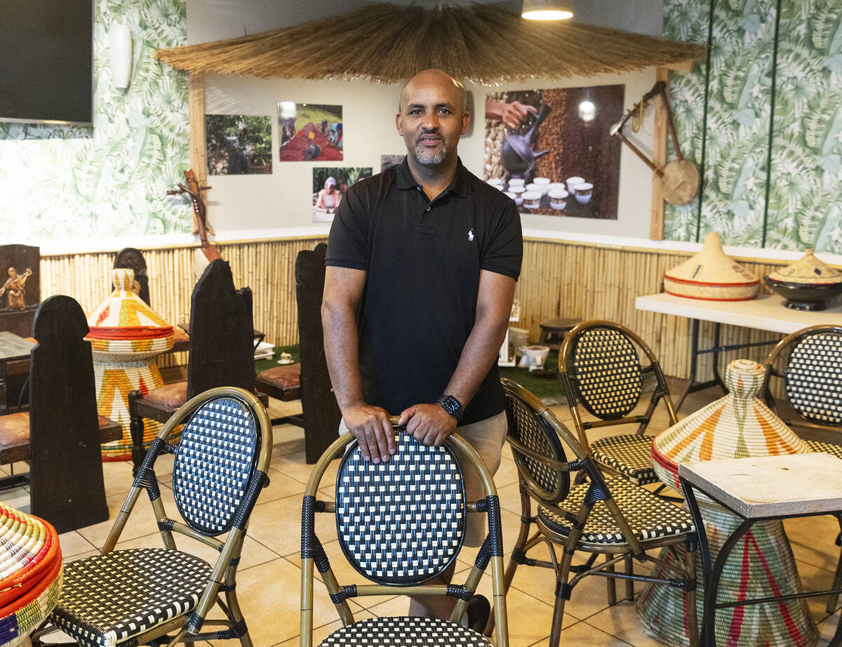 Co-owner of Lucy Ethiopian Restaurant, Woldu Tereda, poses for a photo at his Las Vegas restaur ...