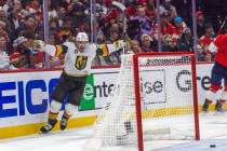 Golden Knights center Brett Howden (21) celebrates a score against the Florida Panthers in peri ...