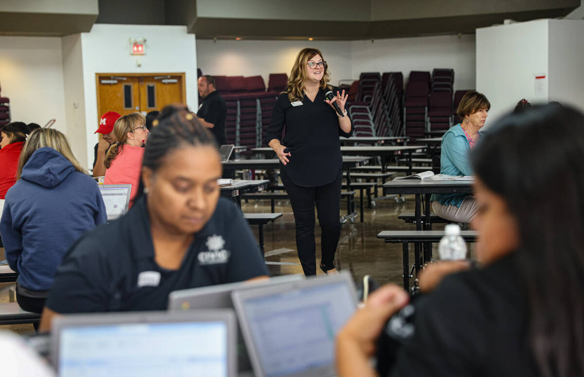 Sarah Swallia, an instructor with Curriculum Associates, leads a back-to-school training sessio ...