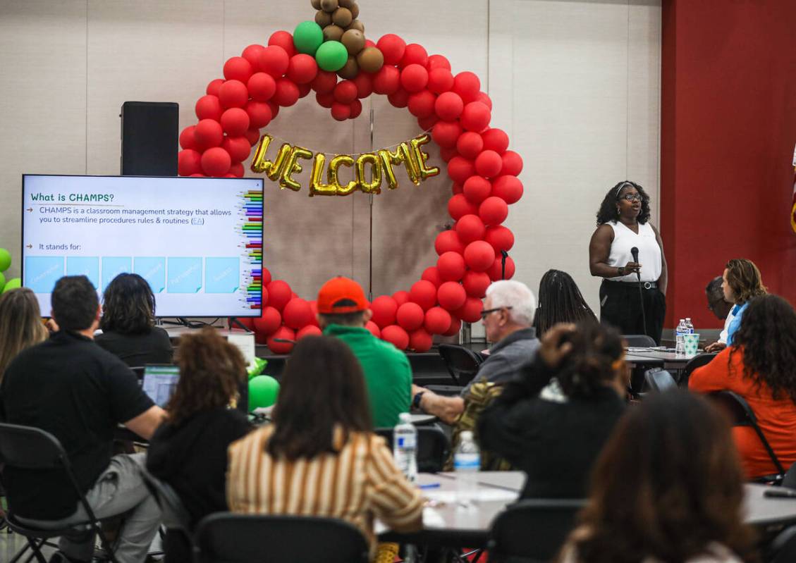 Candyce Reynolds, a teacher at Mater Academy of Nevada, leads a “first steps of success” wo ...