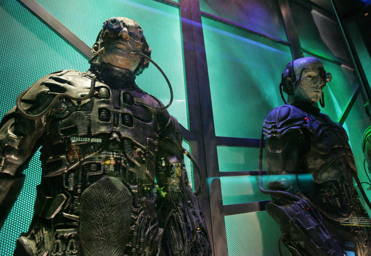 Borg soldiers line the wall on the way to the "Borg Invasion 4D" ride at "Star Trek: The Experi ...