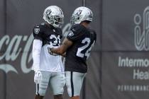Raiders cornerback Brandon Facyson (31) was injured in practice and carted off during training ...